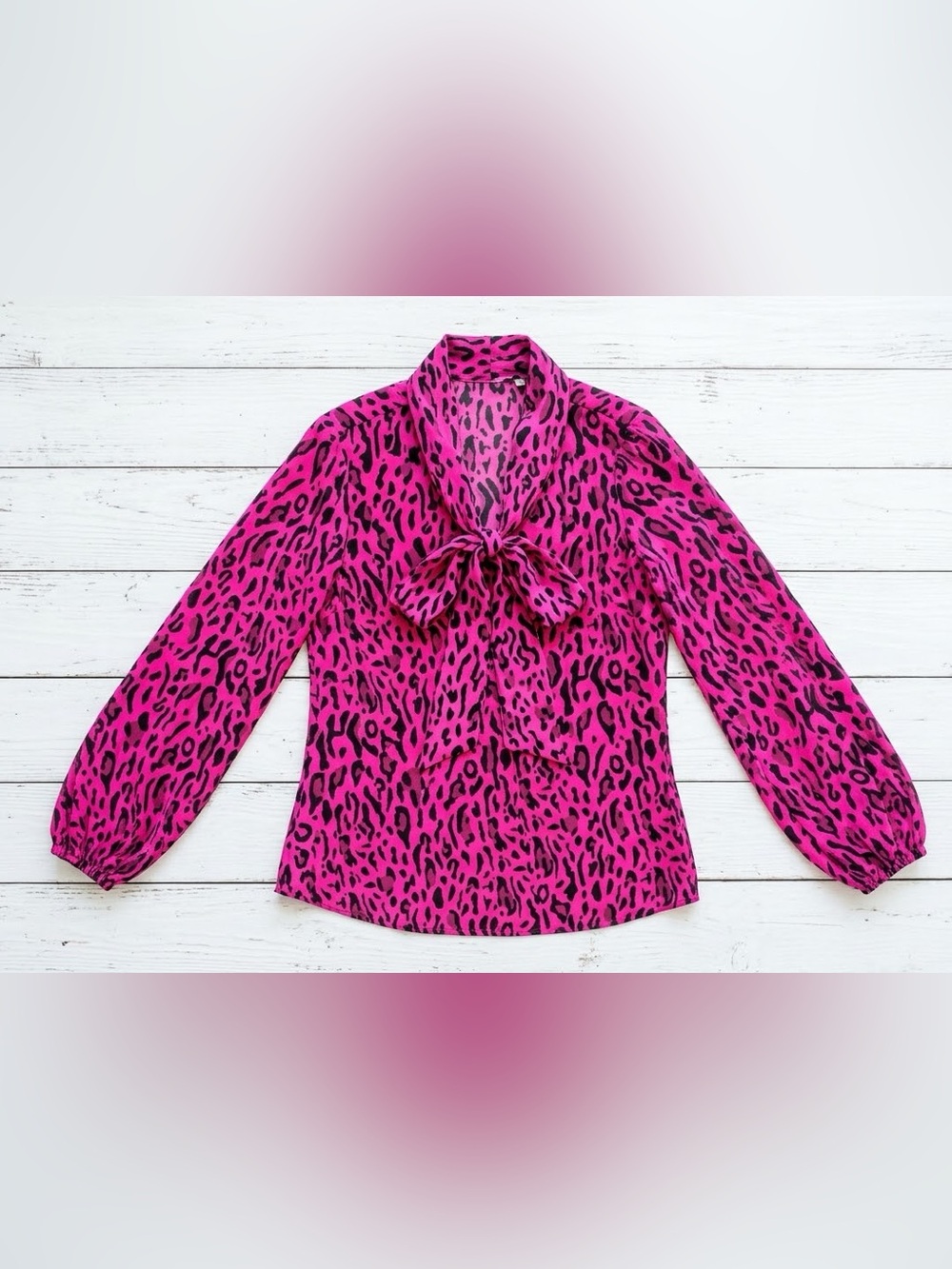 Bar lll Blouse Medium Pink Black Leopard Animal Print Sheer Long Sleeve Tie Neck